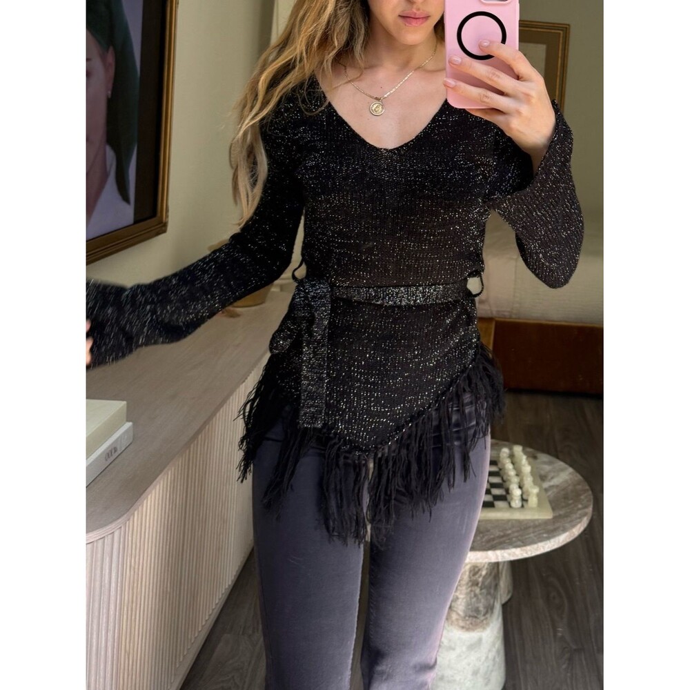Rampage Y2K Black Metallic Sheer Knit Fringe Bell Sleeve Tie Belt Top M